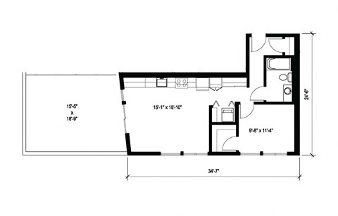 Floor plan for 1 bed, 1 bath, 645 sqft